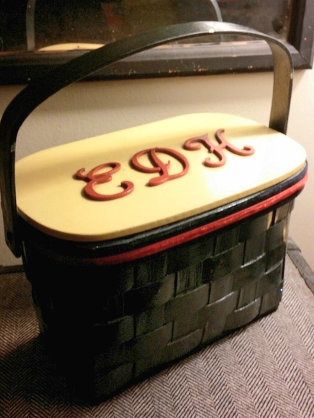 Handcrafted Black Woven Basket with Monogram Hinged Lid Picnic Americana